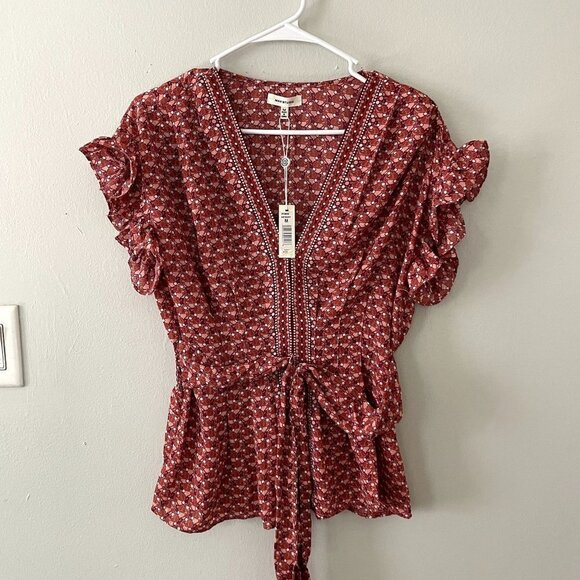 NWT Max Studio flowy red circular round pattern sleeves lightweight blouse vneck - Picture 1 of 7